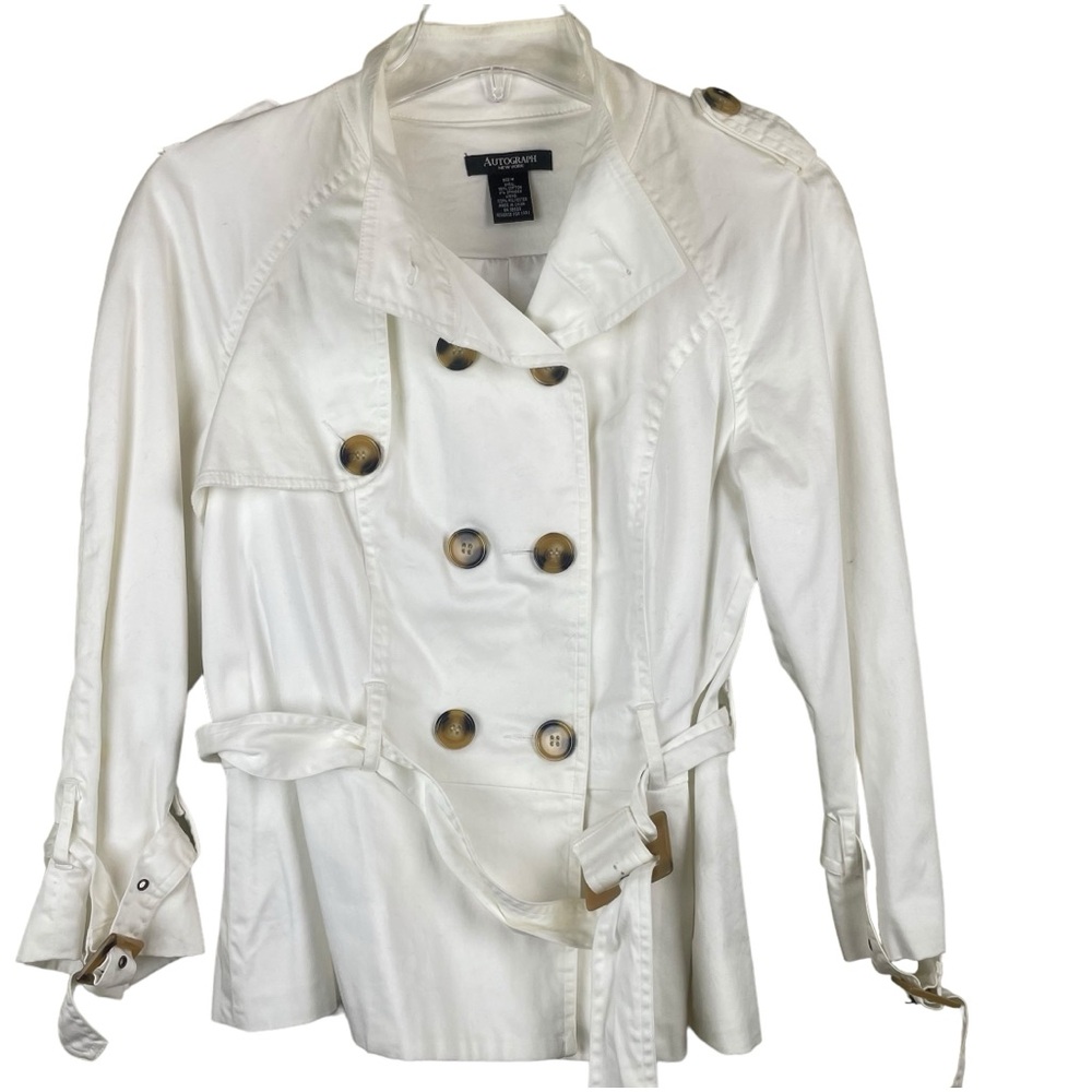 Autograph White Trench Coat Tortoise Buckles & Buttons Peplum Pleats Back Sz M